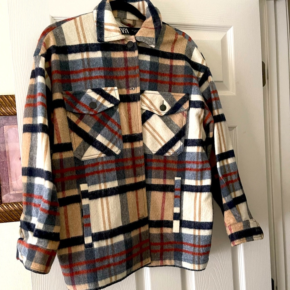 Zara oversized plaid button down shirt size small.